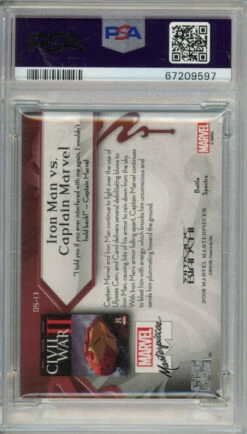 2018 Marvel Masterpieces IRON MAN CAPTAIN MARVEL Battle Spectra #13 PSA 9 (597) -Mystic Cards Game Shop PSA 67209597 back 850x